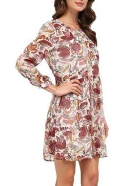 Two by Vince Camuto Sheer Floral Babydoll Dress Boho Mini Long Sleeve Layered